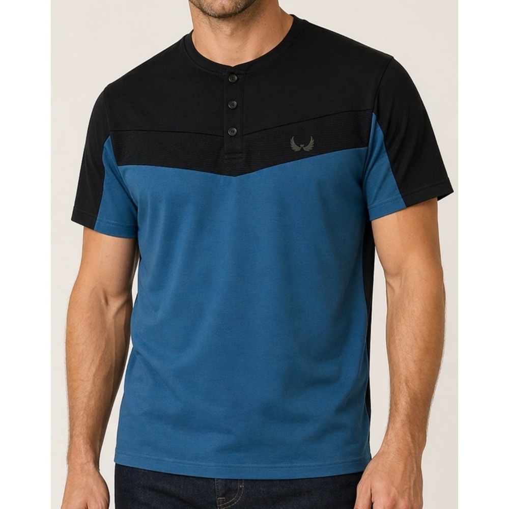 Men's Large Black Boss Blue Colorblock Henley T Shirt NWT Short Sleeve